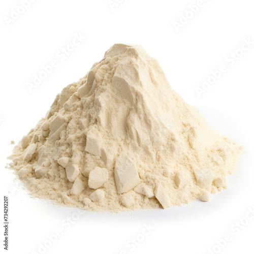 close up pile of finely dry organic fresh raw guar gum powder isolated on white background. bright colored heaps of herbal, spice or seasoning recipes clipping path. selective focus