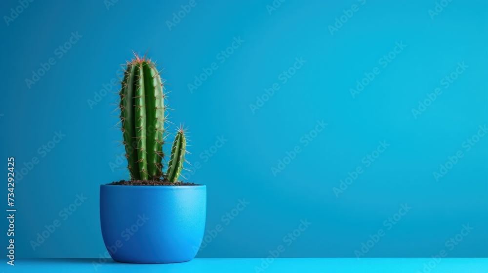a green cactus in a blue pot on a blue table with a blue wall behind it and a blue wall behind it. a green cactus in a blue pot on a blue table with a blue wall behind it and a blue wall behind it.