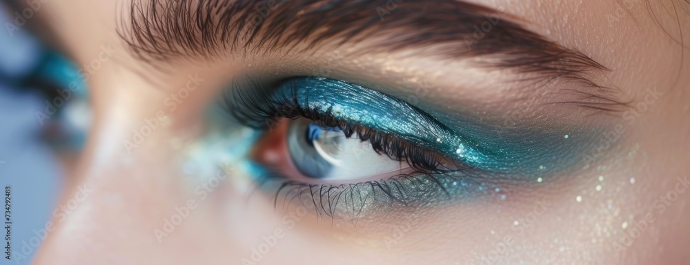 A close-up photo showcasing the stunning blue and green makeup adorning a womans eye.