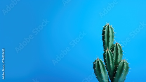 a green cactus on a blue background with a blue sky in the background of the image is a single cactus in the foreground and a blue sky in the background. photo