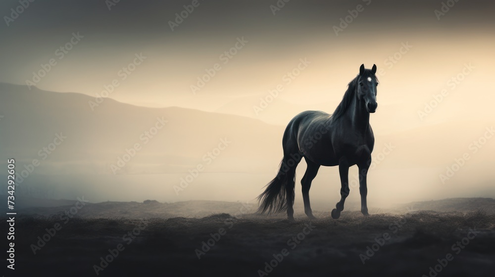 a horse standing in the middle of a field with mountains in the backgroound and fog in the sky.