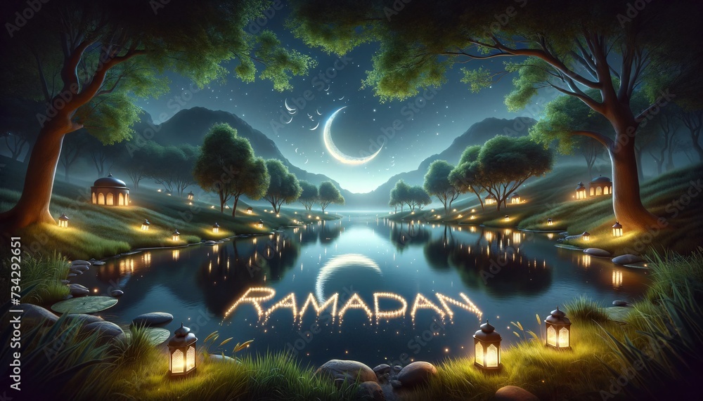 Ramadan Scene with Crescent Moon and Lanterns by Lake