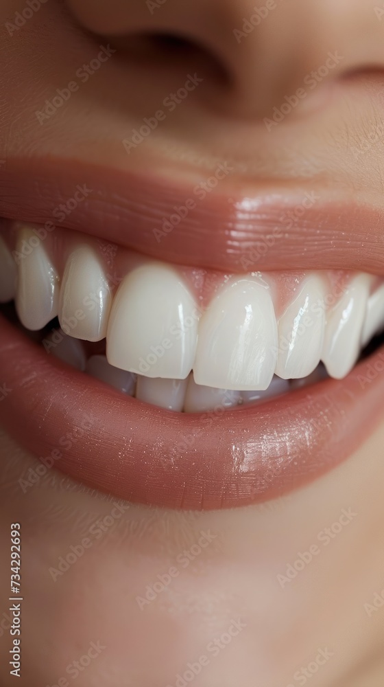 Fototapeta premium A close-up photograph capturing a womans smile with white, healthy teeth Bright White Healthy Smile Dental.