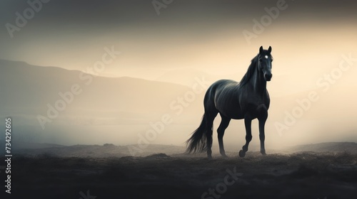 a horse standing in the middle of a field with mountains in the backgroound and fog in the sky. © Olga