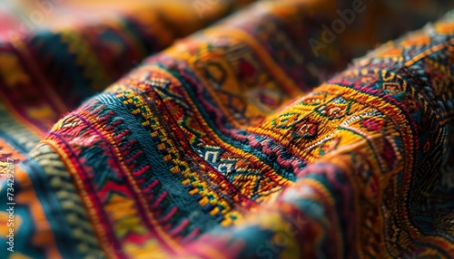 a close up of a colorful blanket on a bed