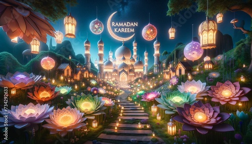 Ramadan Kareem greeting card with fantastical garden and magical lanterns at night