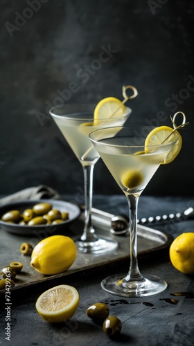 Two martini glasses filled with a classic martini cocktail, garnished with lemons and olives, displayed on a black tray.