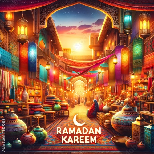 Vibrant Ramadan Kareem Marketplace Scene with Lanterns and Textiles at Sunset