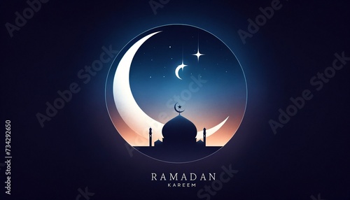 Minimalist Ramadan Kareem greeting card with crescent moon, star, and mosque silhouette