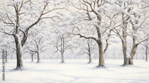 a painting of a snowy landscape with trees and snow in the foreground and a bench in the foreground.