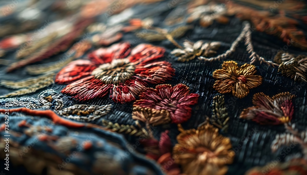 a close up of a piece of cloth with flowers on it - obrazy, fototapety, plakaty 