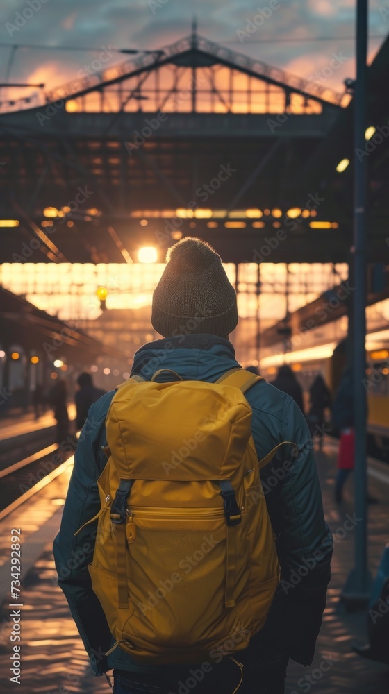 A male traveler with a yellow backpack patiently waits for a train at a busy station.