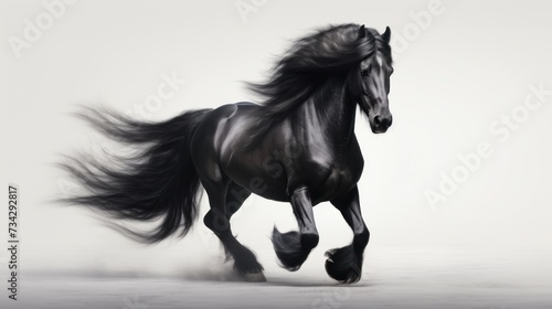 a black and white photo of a horse with a long mane running through the air with its front legs in the air.