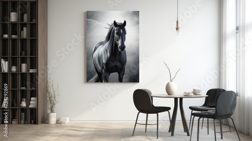 a black and white photo of a horse on a wall in a dining room with a table and chairs and a bookcase. © Olga