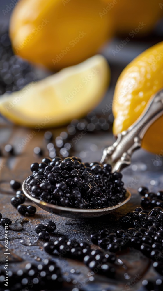 A close-up photo featuring a silver spoon filled with black caviar placed next to fresh lemons. A close-up photo featuring a silver spoon filled with black caviar placed next to fresh lemons.