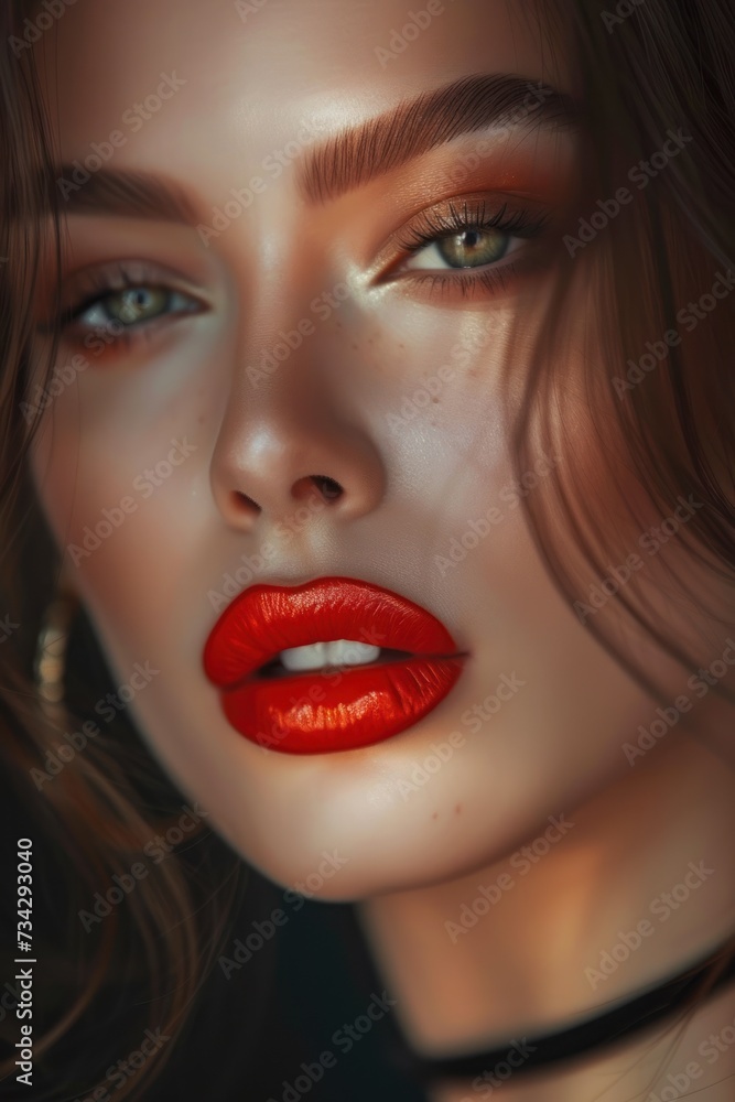 A portrait of a girl with bright makeup showcasing big lips, captured in a digital painting. A portrait of a girl with bright makeup showcasing big lips, captured in a digital painting.