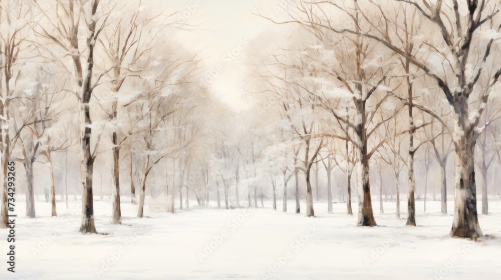a painting of a snowy landscape with trees and a bench in the foreground and a sky in the background. a painting of a snowy landscape with trees and a bench in the foreground and a sky in the background.