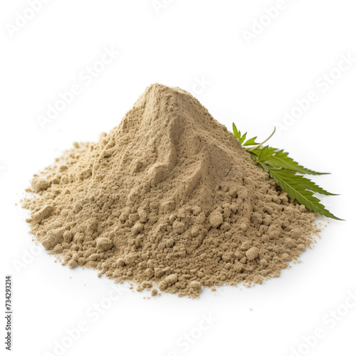 close up pile of finely dry organic fresh raw hemp protein powder isolated on white background. bright colored heaps of herbal, spice or seasoning recipes clipping path. selective focus