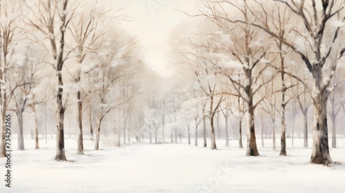 a painting of a snowy landscape with trees and a bench in the foreground and a sky in the background. © Olga