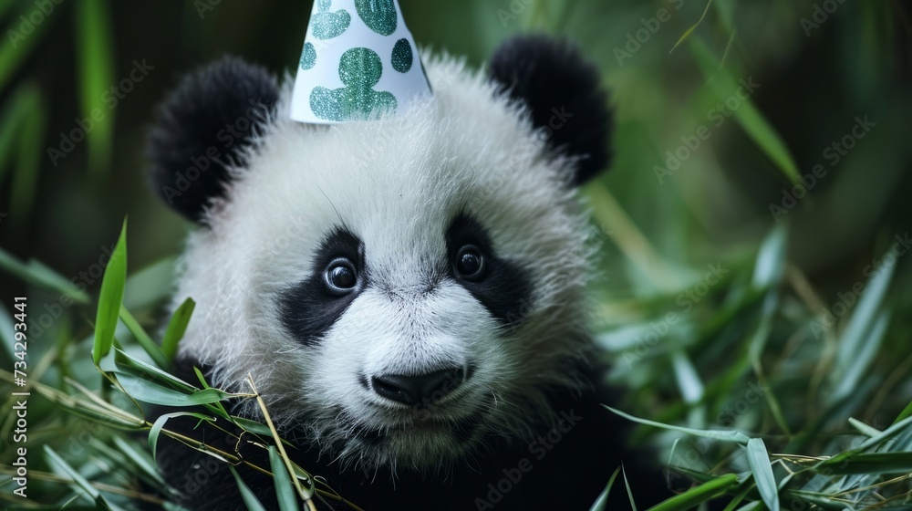 Fototapeta premium Panda cub with birthday hat, bamboo green background, generative ai