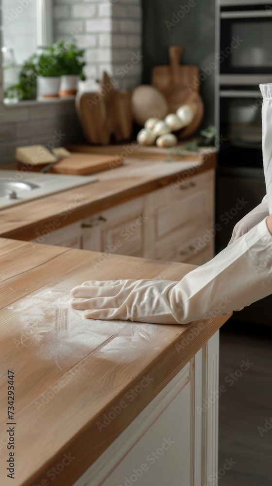 A person wearing rubber gloves can be seen in a kitchen, holding a bag of flour and dusting a wooden table. A person wearing rubber gloves can be seen in a kitchen, holding a bag of flour and dusting a wooden table.