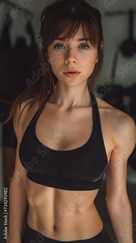 A fit slender young woman showcasing her perfect abs in a black sports bra top while posing for a picture.
