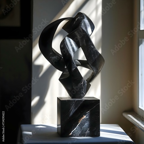 a sculpture sitting on top of a table next to a window