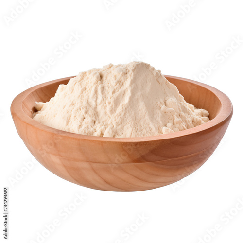 pile of finely dry organic fresh raw cashew flour powder in wooden bowl png isolated on white background. bright colored of herbal, spice or seasoning recipes clipping path. selective focus photo
