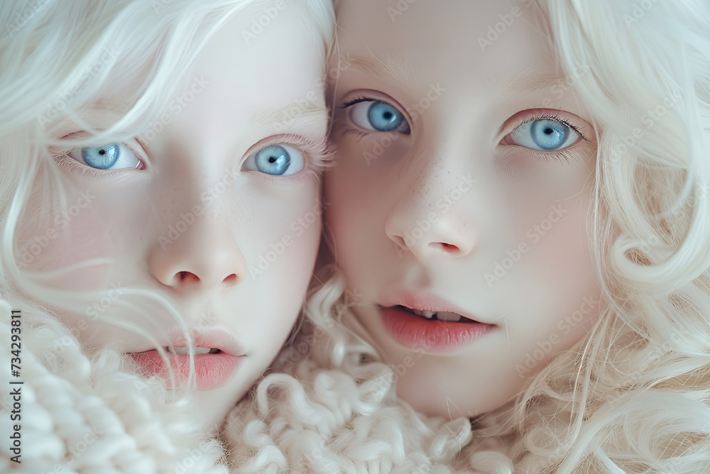 Studio fashion Portrait of Natural beauty albino white haired blue eyes caucasian twins girls Studio fashion Portrait of Natural beauty albino white haired blue eyes caucasian twins girls