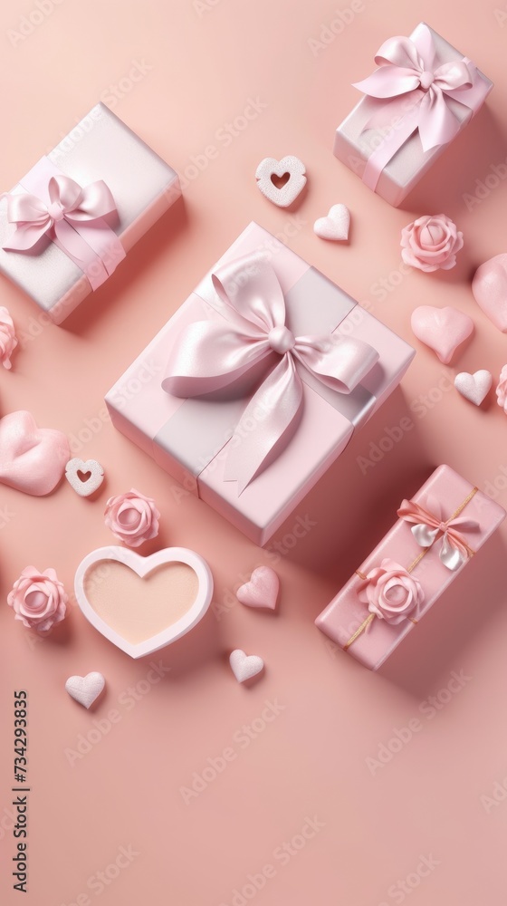 Pink gift boxes with bows and hearts on a pink background.