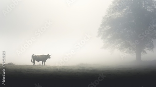 a cow standing in a foggy field with a tree in the foreground and a single tree in the background.