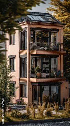 3d rendering of a house with balconies and trees.