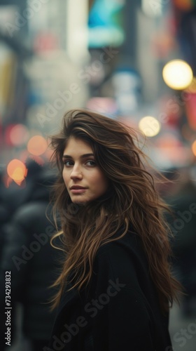 A beautiful young woman, with long hair flowing, walking down the street alone.