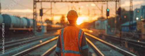 An engineer wearing an orange vest stands on a train track, inspecting and checking the condition of the track.