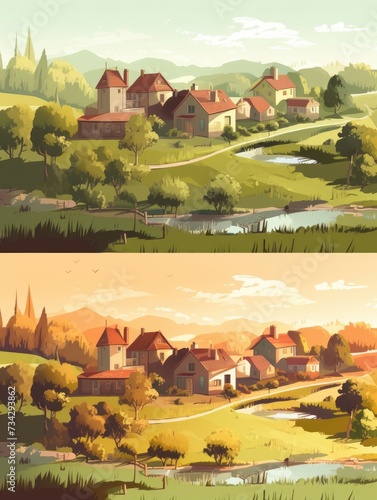 Set of cartoon landscapes with houses and a river.