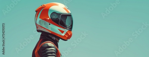 A profile view of a person wearing a futuristic red and white motorcycle helmet.