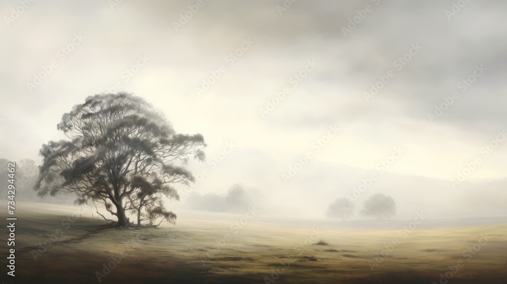 a painting of a foggy field with a lone tree in the foreground and a single tree on the far side of the field.
