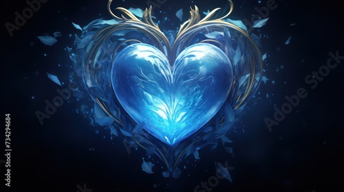 a blue heart with gold leaves on a black background with a blue background and a blue heart with gold leaves on it.