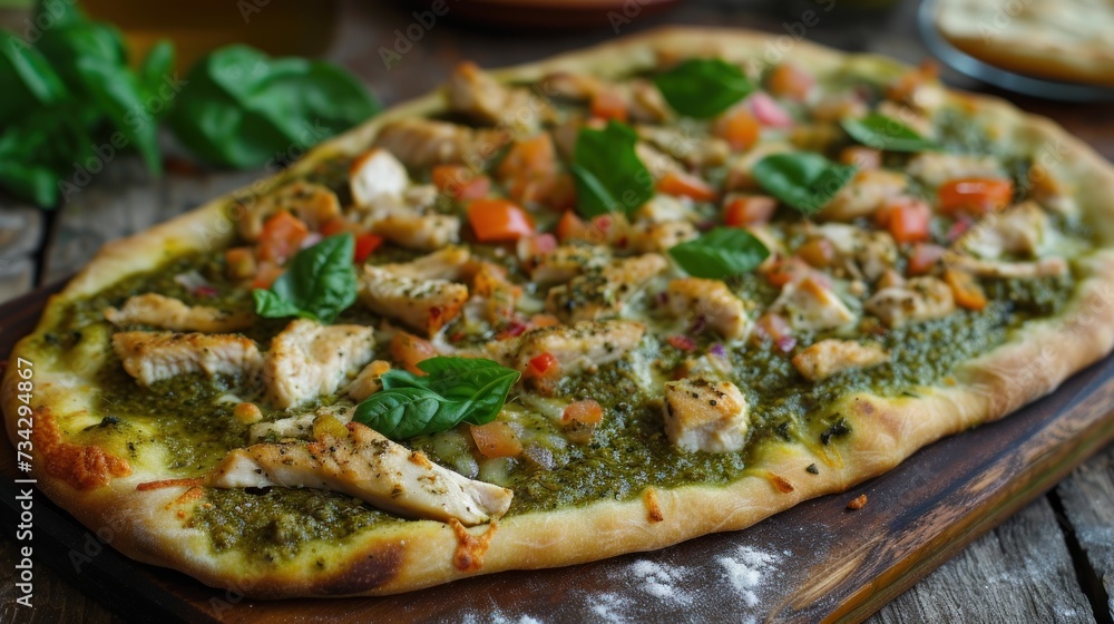 a pizza sitting on top of a wooden cutting board next to a bowl of sauce and a slice of bread. a pizza sitting on top of a wooden cutting board next to a bowl of sauce and a slice of bread.