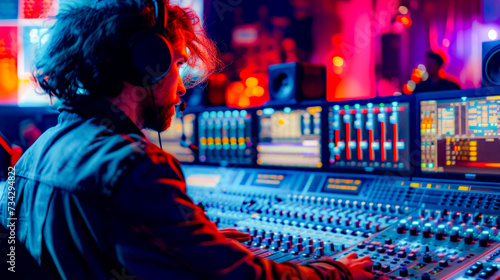 Audio Engineer Operating Mixing Console in Studio.