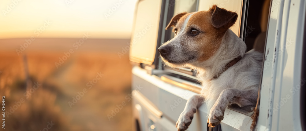 Dog looks through the Campvan window, on the road