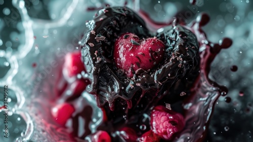 a heart shaped piece of chocolate with raspberries in the center of the heart, surrounded by water droplets. photo