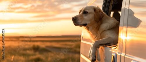 Dog looks through the Campvan window, on the road