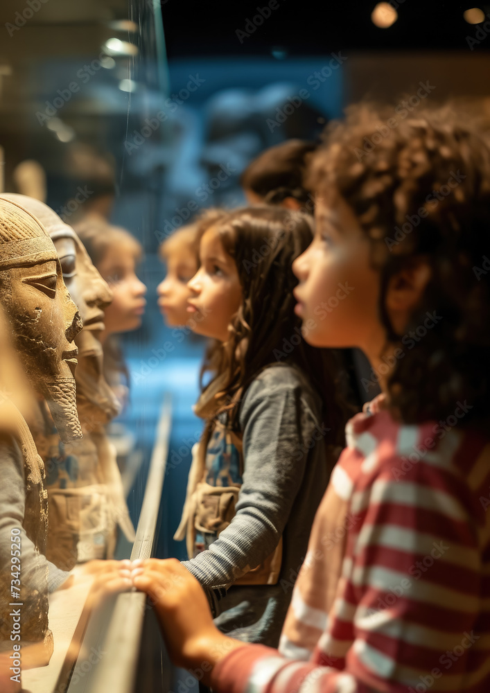 children carefully examine exhibits in a historical museum, a child looks at an ancient statue, kids, schoolchildren on an excursion, Egypt, study, people in the exhibition hall, archeology