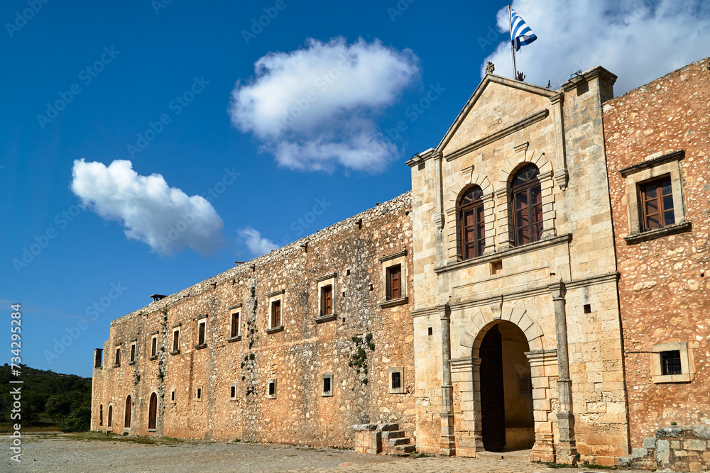 walls and gate of the Orthodox, historical monastery of Moni Arcadia on the island of Crete