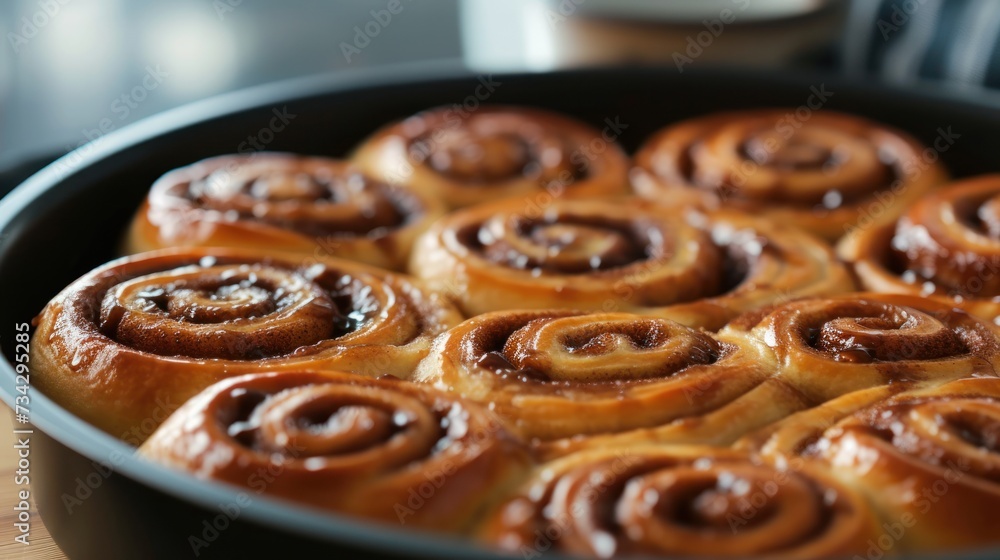 a pan filled with cinnamon buns sitting on top of a wooden table next to a spatula of sauce. a pan filled with cinnamon buns sitting on top of a wooden table next to a spatula of sauce.