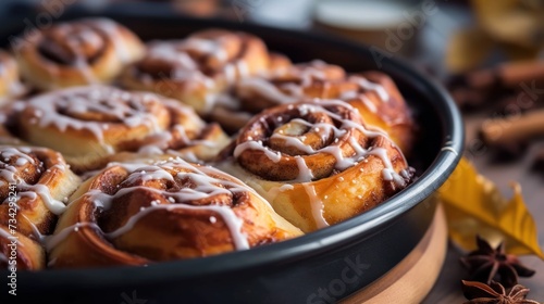 a pan filled with cinnamon rolls sitting on top of a wooden table next to cinnamon sticks and anisette.