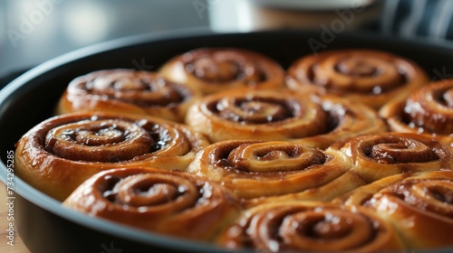 a pan filled with cinnamon buns sitting on top of a wooden table next to a spatula of sauce.