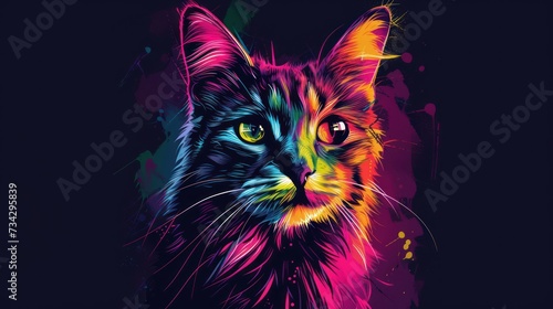 a close up of a cat's face with colorful paint splattered on the face of the cat. © Olga