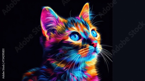 a close up of a cat with bright colors on it s face and a black background with a black background.